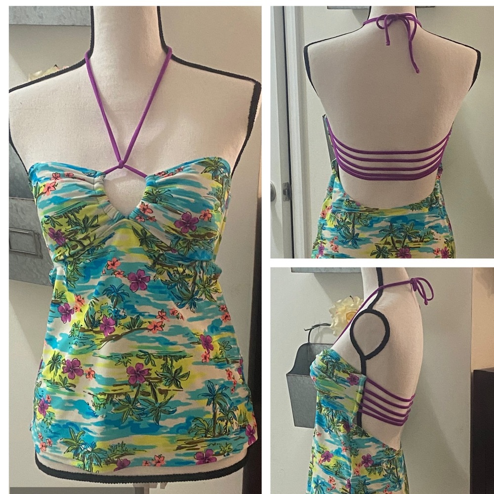 Tropical Tankini Top L Large Swimwear Purple Blue Strappy Back SO